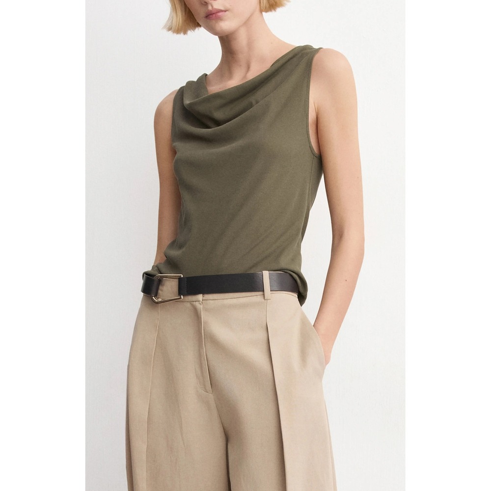 MANGO | Cowl Neck Tank Top Women Size M Olive Green Organic Cotton Minimalist